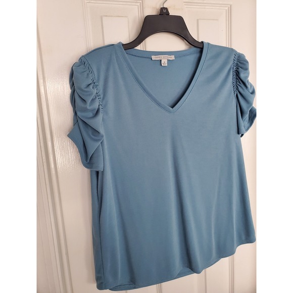 Green Envelope Tops - Green Envelope Top Blue‎ Ruched Puff Sleeve V-Neck Modal Blend Blouse Medium